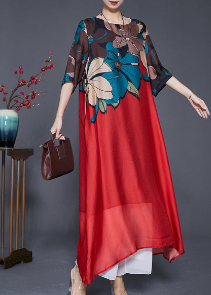 Red Print Silk a Line Dresses Oversized Draping Summer