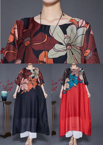 Red Print Silk a Line Dresses Oversized Draping Summer