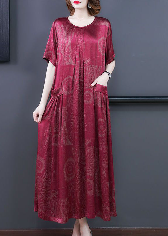 Yellow-cashew Print Silk Long Dress Oversized Pockets Wrinkled Summer