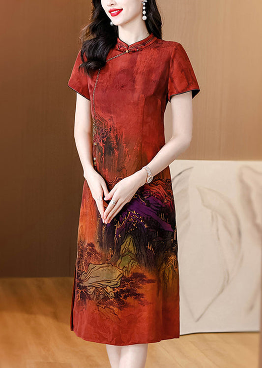 Red Print Silk Long Dress Tasseled Side Open Summer