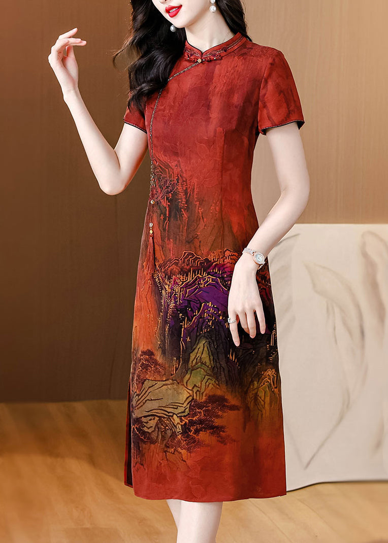 Red Print Silk Long Dress Tasseled Side Open Summer