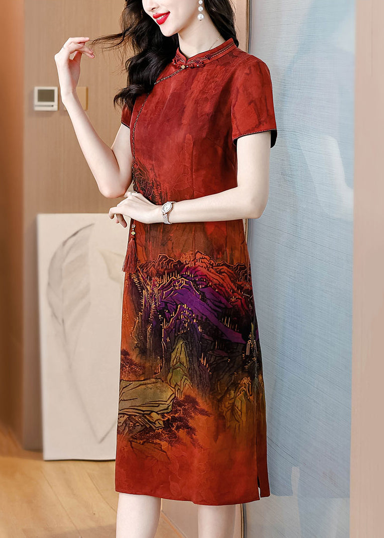 Red Print Silk Long Dress Tasseled Side Open Summer