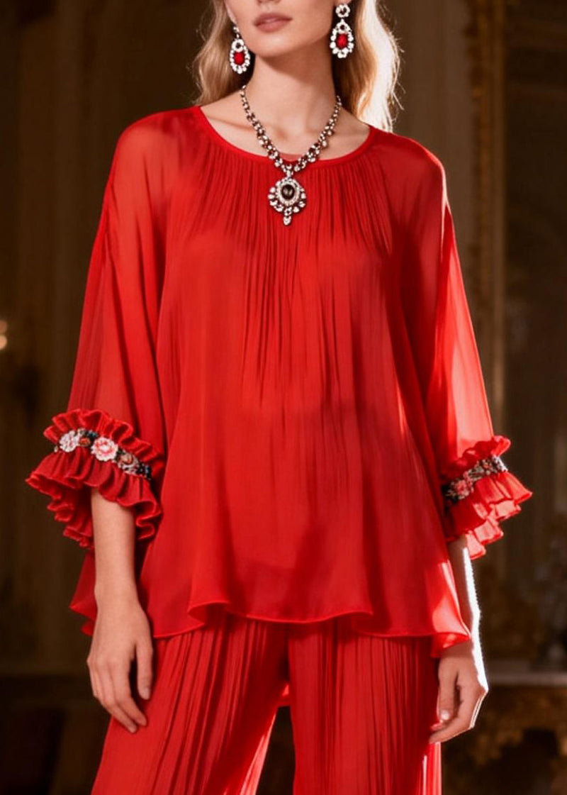 Red Ruffled Two Pieces Set O Neck Spring
