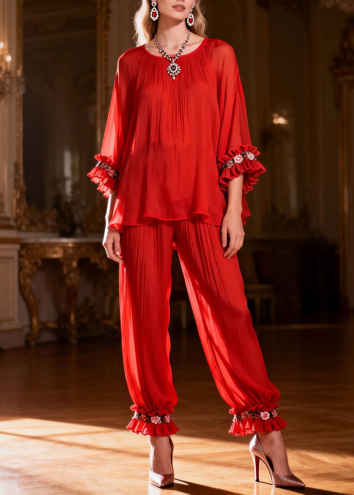 Red Ruffled Two Pieces Set O Neck Spring