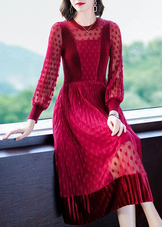 Red Slim Fit Tulle Pleated Dresses O-neck Exra Large Hem Spring