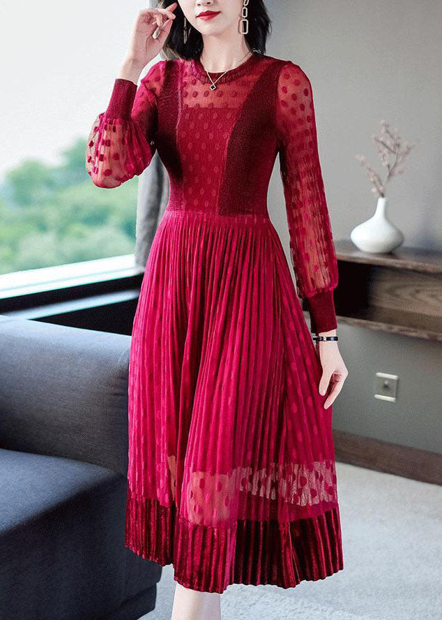 Red Slim Fit Tulle Pleated Dresses O-neck Exra Large Hem Spring