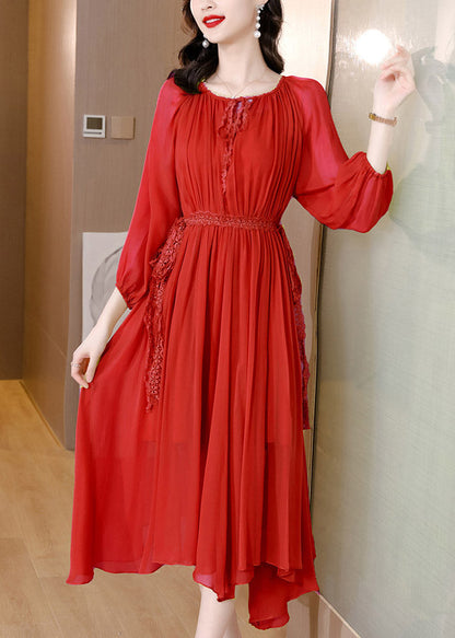 Red Tie Waist Chiffon Maxi Dresses Long Sleeve