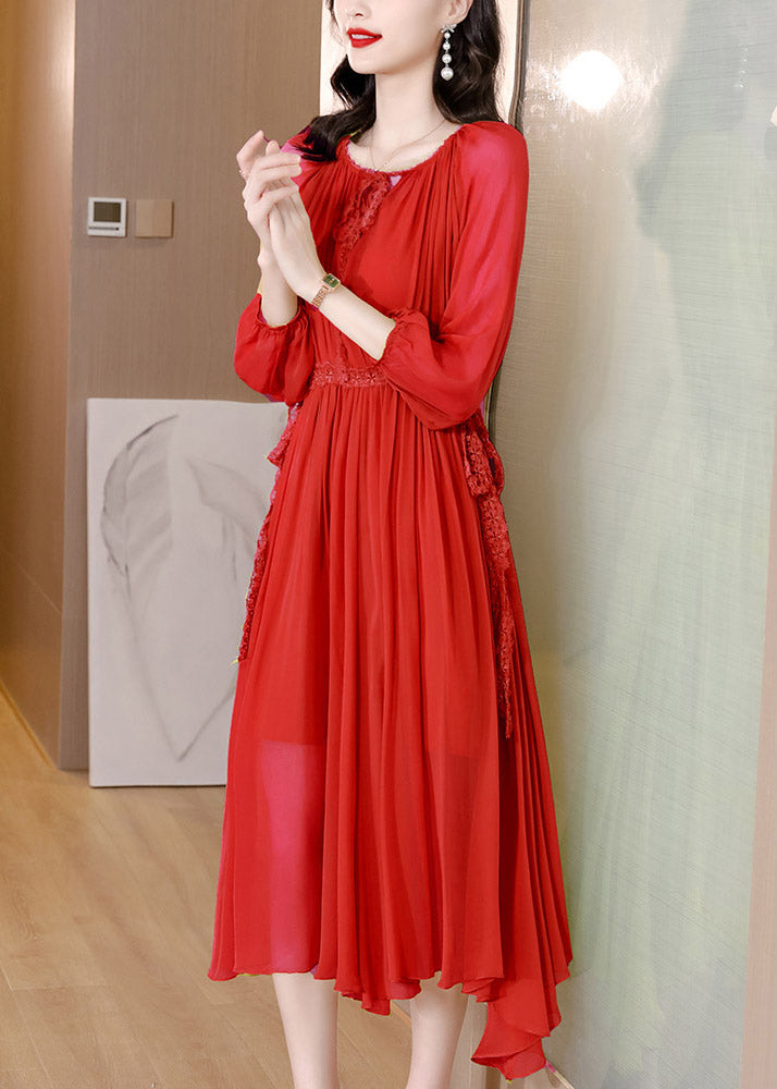Red Tie Waist Chiffon Maxi Dresses Long Sleeve