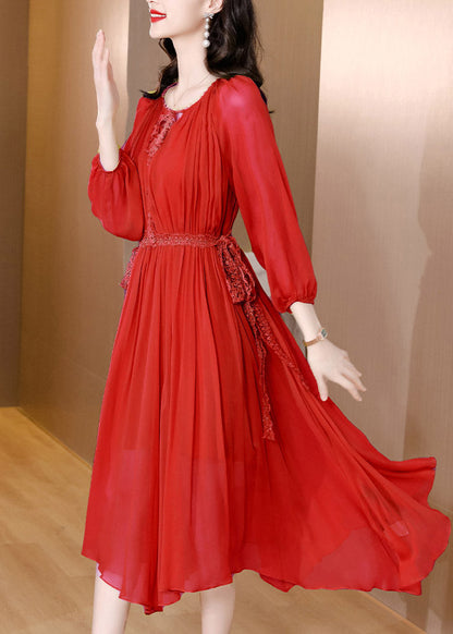 Red Tie Waist Chiffon Maxi Dresses Long Sleeve