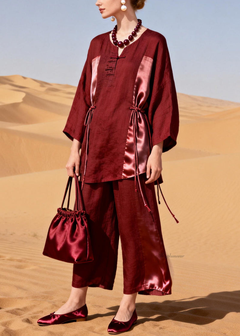Red Tops and Crop Pants Patchwork Silk Linen Two Pieces Set Drawstring Spring