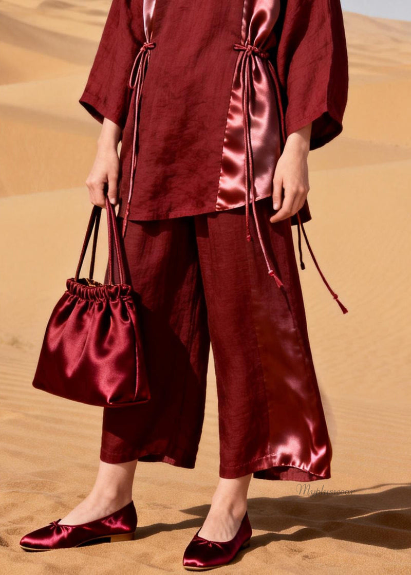 Red Tops and Crop Pants Patchwork Silk Linen Two Pieces Set Drawstring Spring