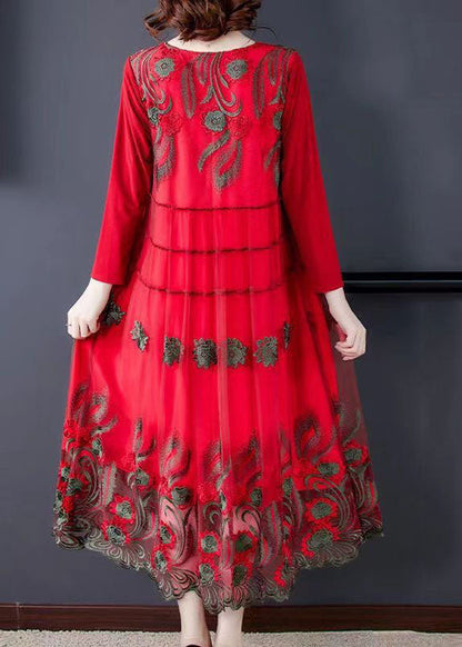 Red Tulle Long Dresses O-neck Embroideried Spring