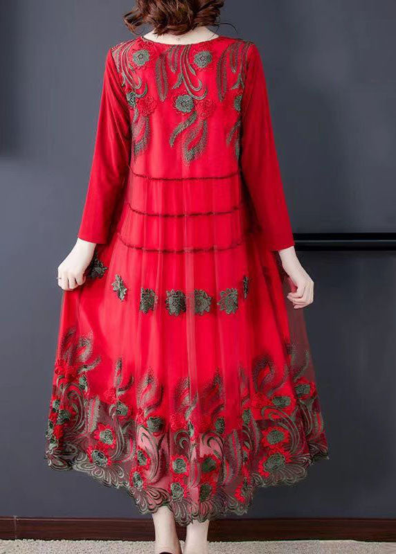 Red Tulle Long Dresses O-neck Embroideried Spring