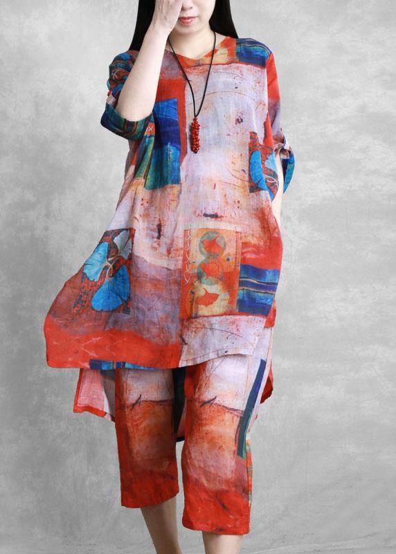 Red Printed Suit Loose Mid-length Shirt Two-piece Suit