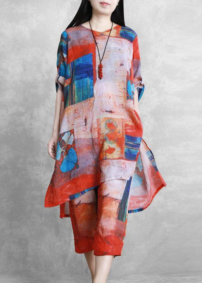Red Printed Suit Loose Mid-length Shirt Two-piece Suit