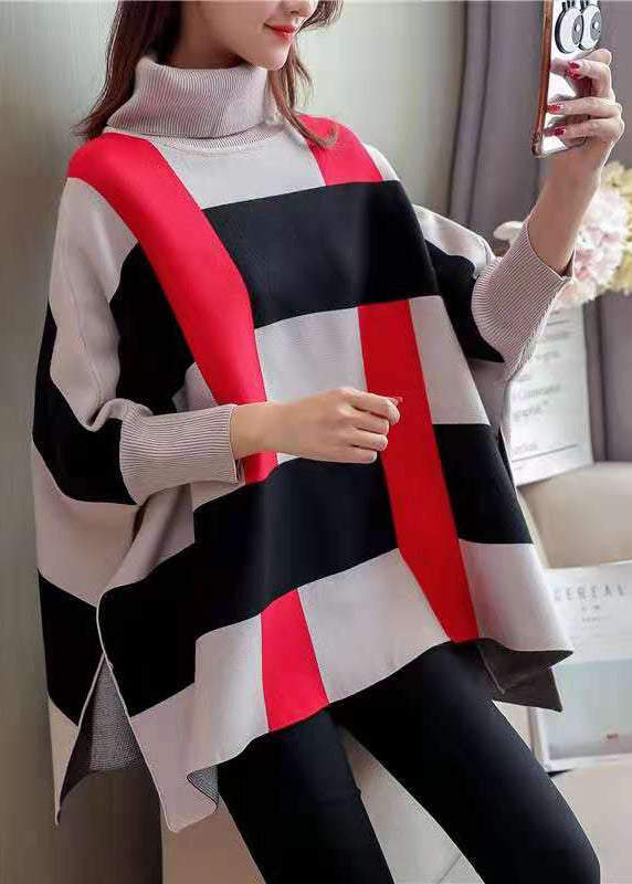 Striped Knit Blouse O Neck Batwing Sleeve Loose-fitting Knitted Blouse