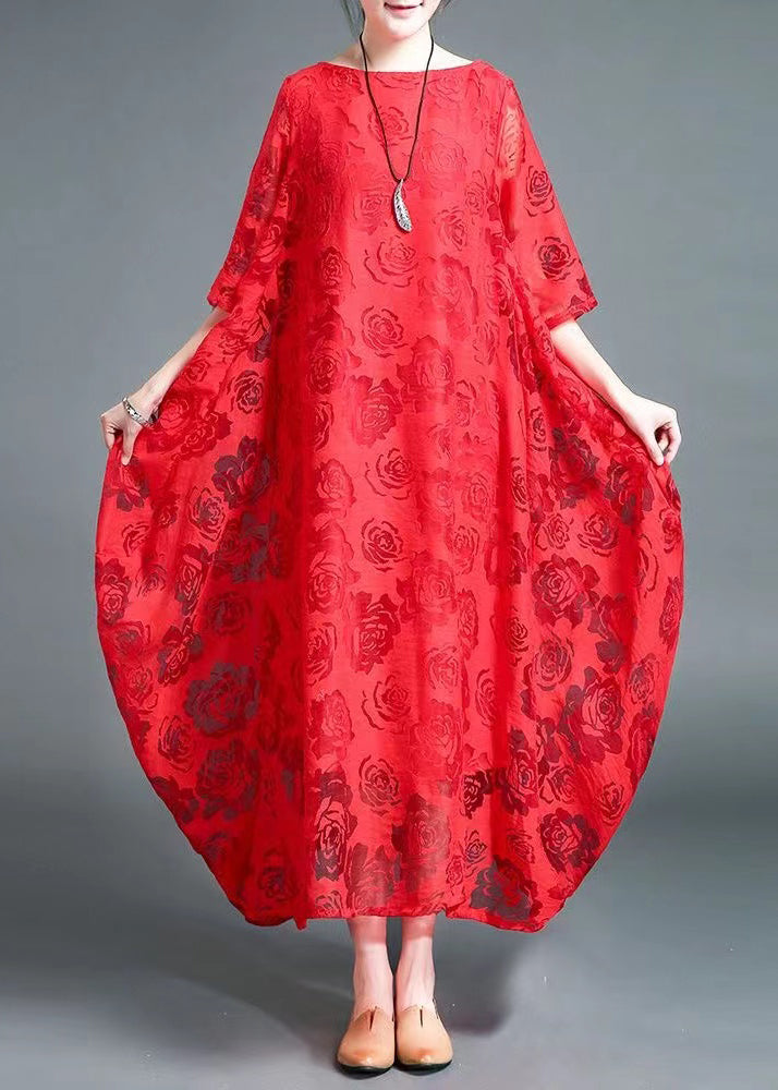 Red Lace Vacation Dress Hollow Out Asymmetrical Bracelet Sleeve