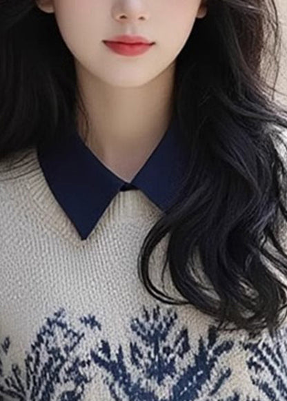 Retro Apricot Peter Pan Collar Print Cotton Knit Sweater Spring