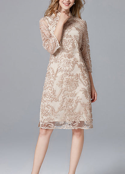 Retro Apricot Stand Collar Embroidered Slim Fit Dress Summer