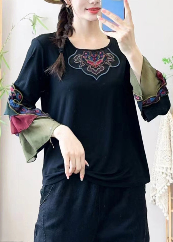 Retro Black Embroidered Tulle Patchwork Shirt Bracelet Sleeve