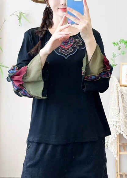 Retro Black Embroidered Tulle Patchwork Shirt Bracelet Sleeve