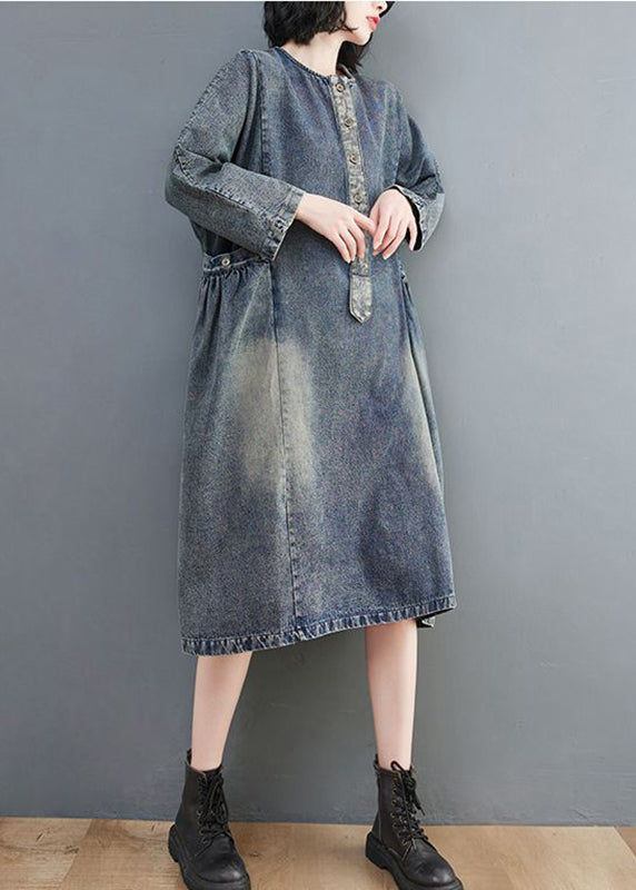 Retro Blue O-neck Patchwork Button Pockets Cotton Denim Dresses Long Sleeve