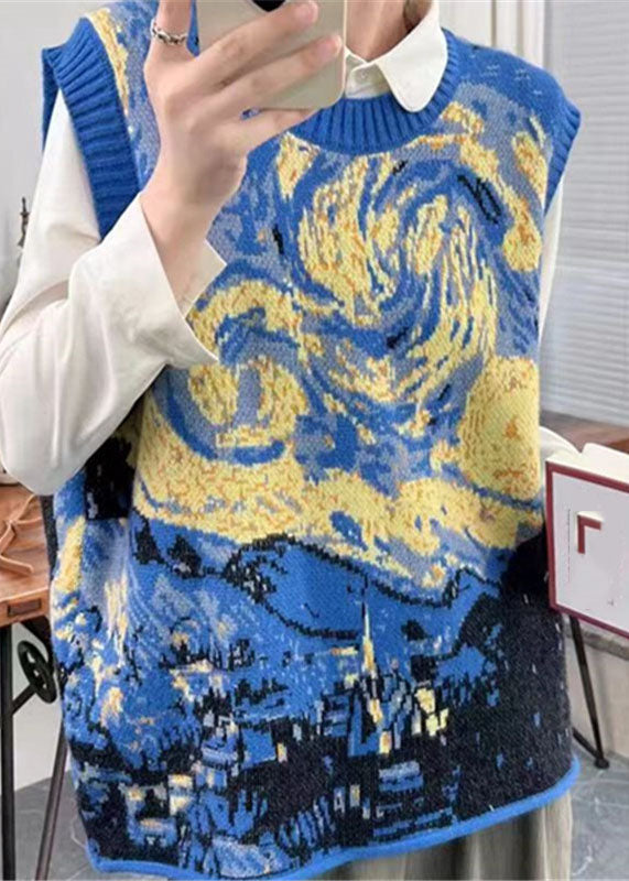 Retro Blue O-neck Print Cotton Knit Waistcoat Sleeveless