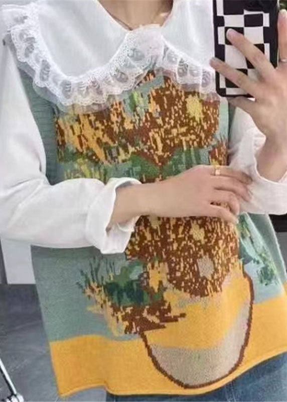 Retro Blue O-neck Print Cotton Knit Waistcoat Sleeveless