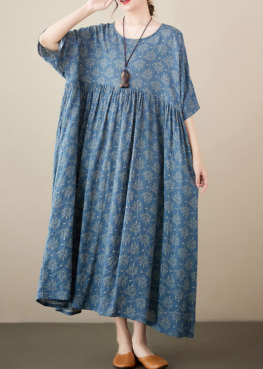 Retro Blue O-neck Print Cotton Long Dresses Short Sleeve