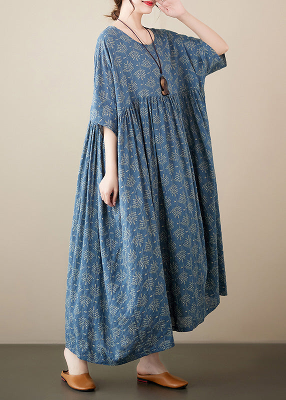 Retro Blue O-neck Print Cotton Long Dresses Short Sleeve