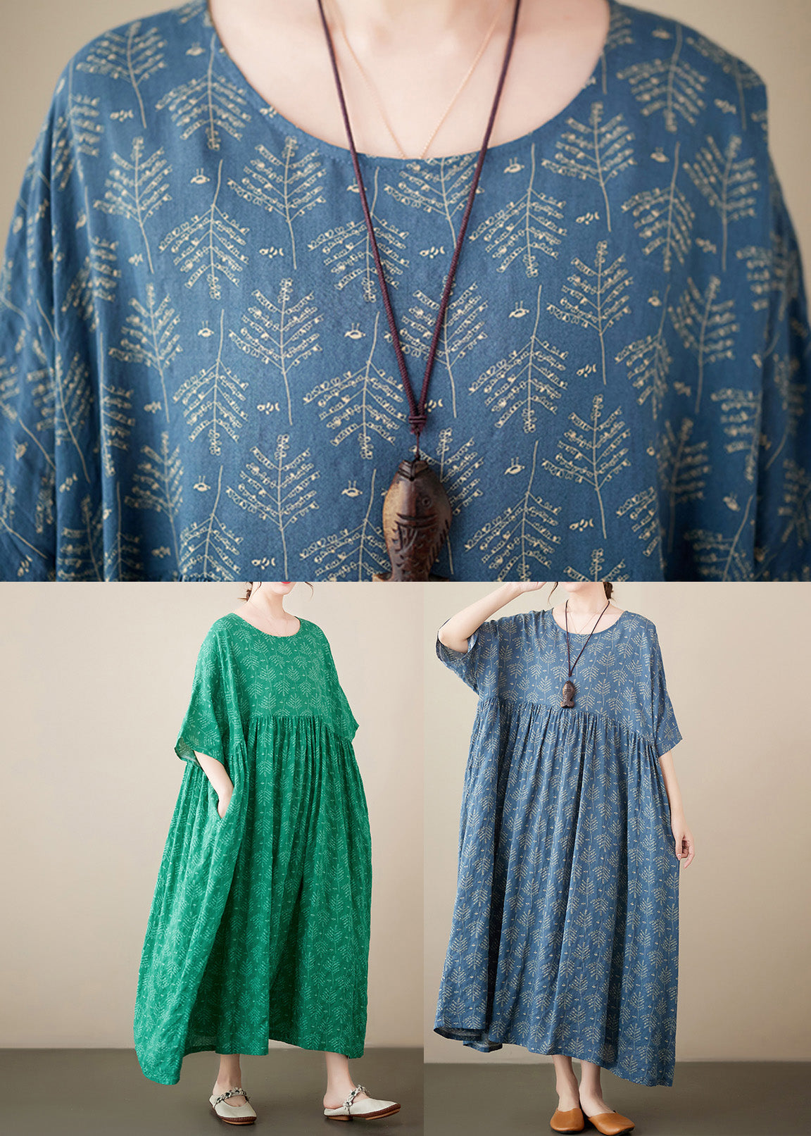 Retro Blue O-neck Print Cotton Long Dresses Short Sleeve