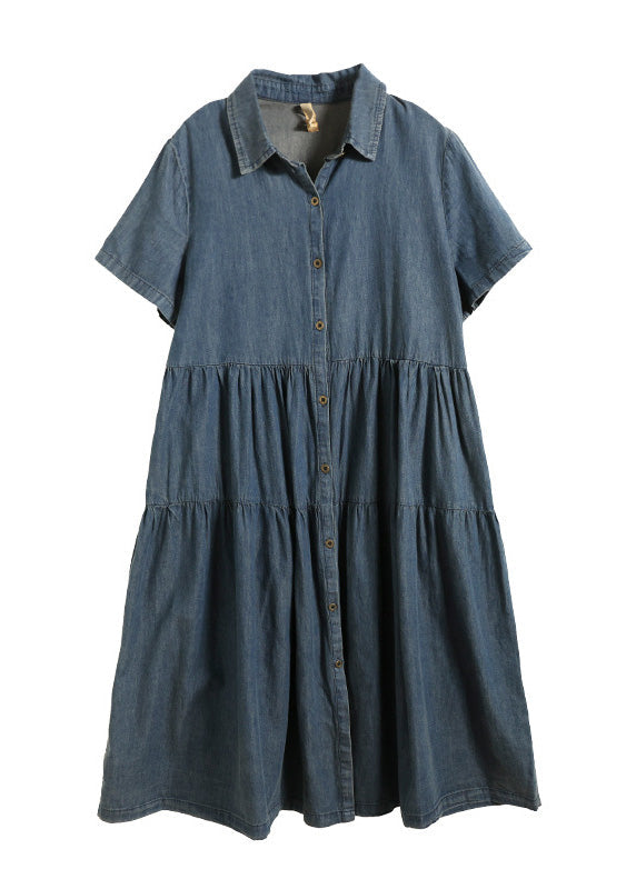 Retro Blue Patchwork Silk Vacation Denim Long Shirt Dresses Summer