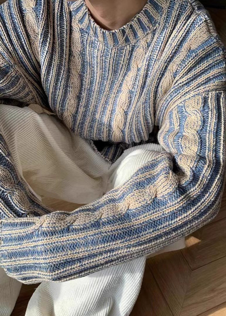 Retro Blue Striped Cozy Knit Sweater Spring