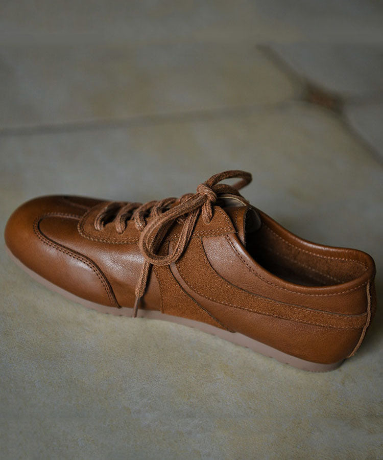 Retro Brown Cowhide Leather Splicing Flat Feet Shoes Lace Up