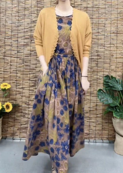 Retro Coffee O-neck Print Patchwork Pockets Long Dresses Short Sleeve