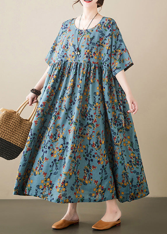Retro Green O-neck Print Wrinkled Cotton Maxi Dress Short Sleeve