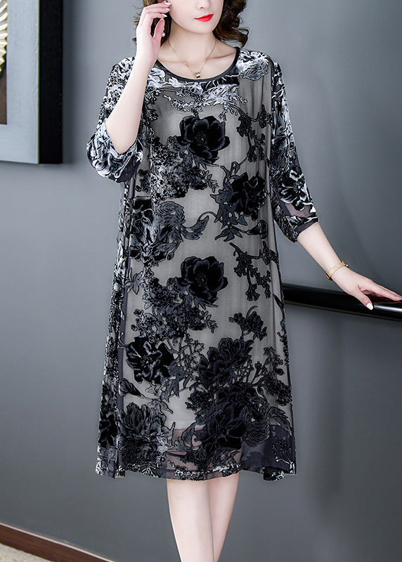 Retro Grey O-neck Embroidered Hollow Out Party Long Dress Summer