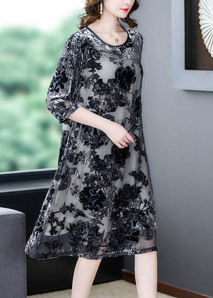 Retro Grey O-neck Embroidered Hollow Out Party Long Dress Summer