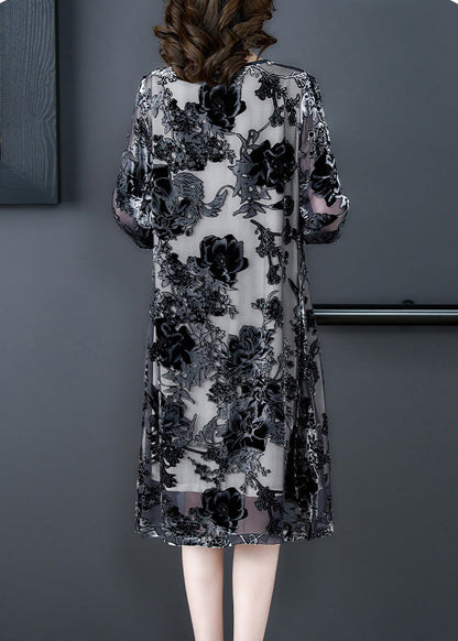 Retro Grey O-neck Embroidered Hollow Out Party Long Dress Summer
