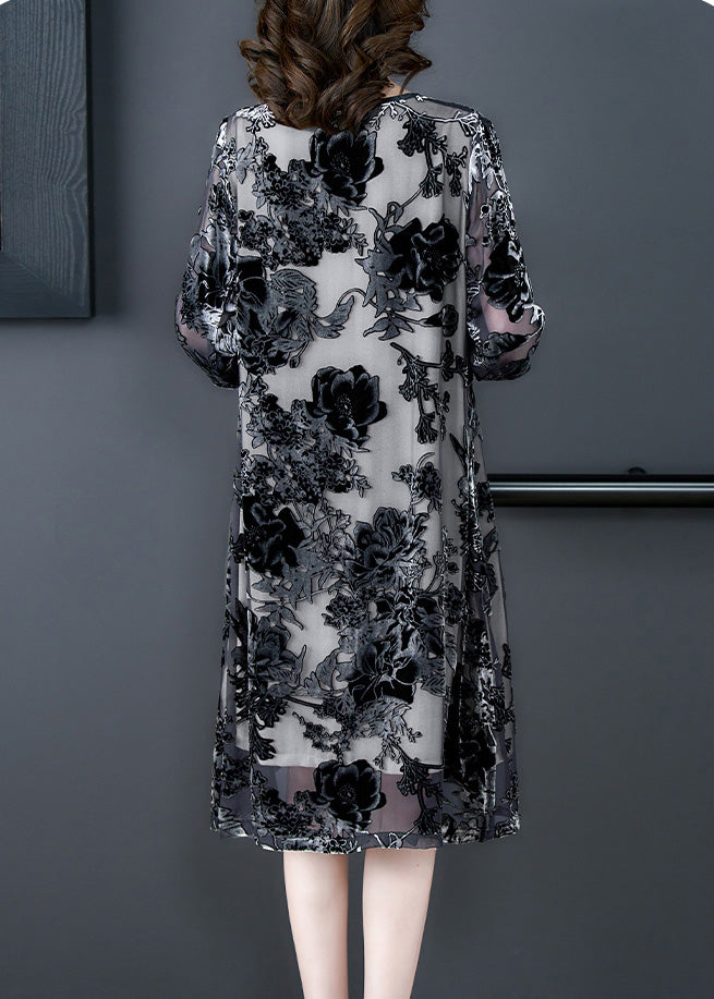 Retro Grey O-neck Embroidered Hollow Out Party Long Dress Summer