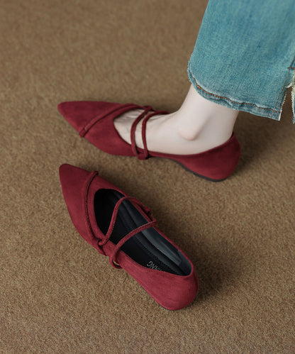 Retro Lace Up Flat Feet Shoes Red Cowhide Leather