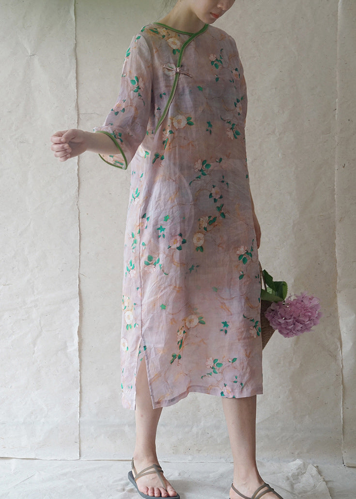 Retro Light Pink O-neck Side Open Print Patchwork Linen Dresses Half Sleeve