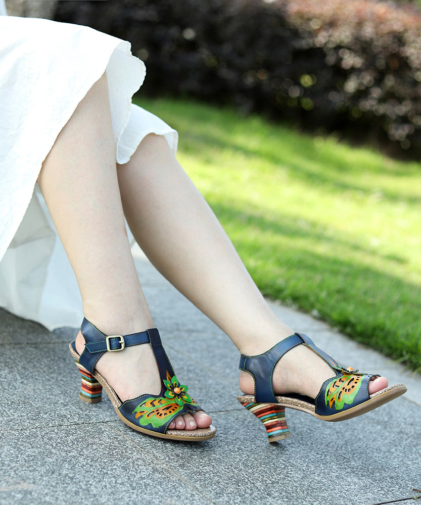 Retro Navy Cowhide Leather Print Splicing Buckle Strap Hollow Out Sandals