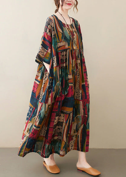 Retro O-neck Print Party Maxi Dress Half Sleeve