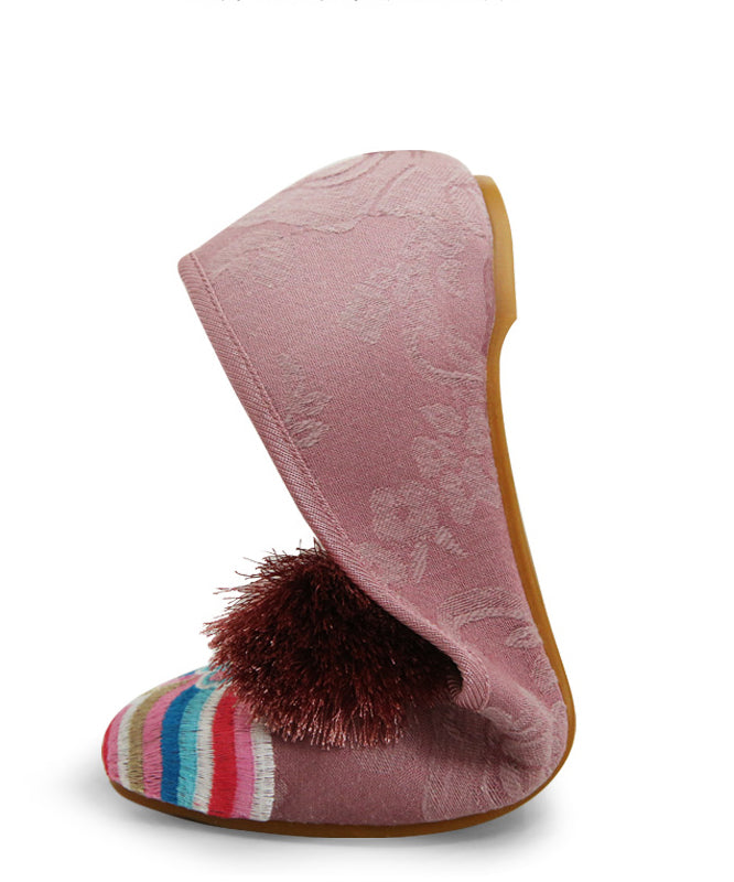 Retro Pink Embroideried Tassel Cotton Fabric Flat Shoes for