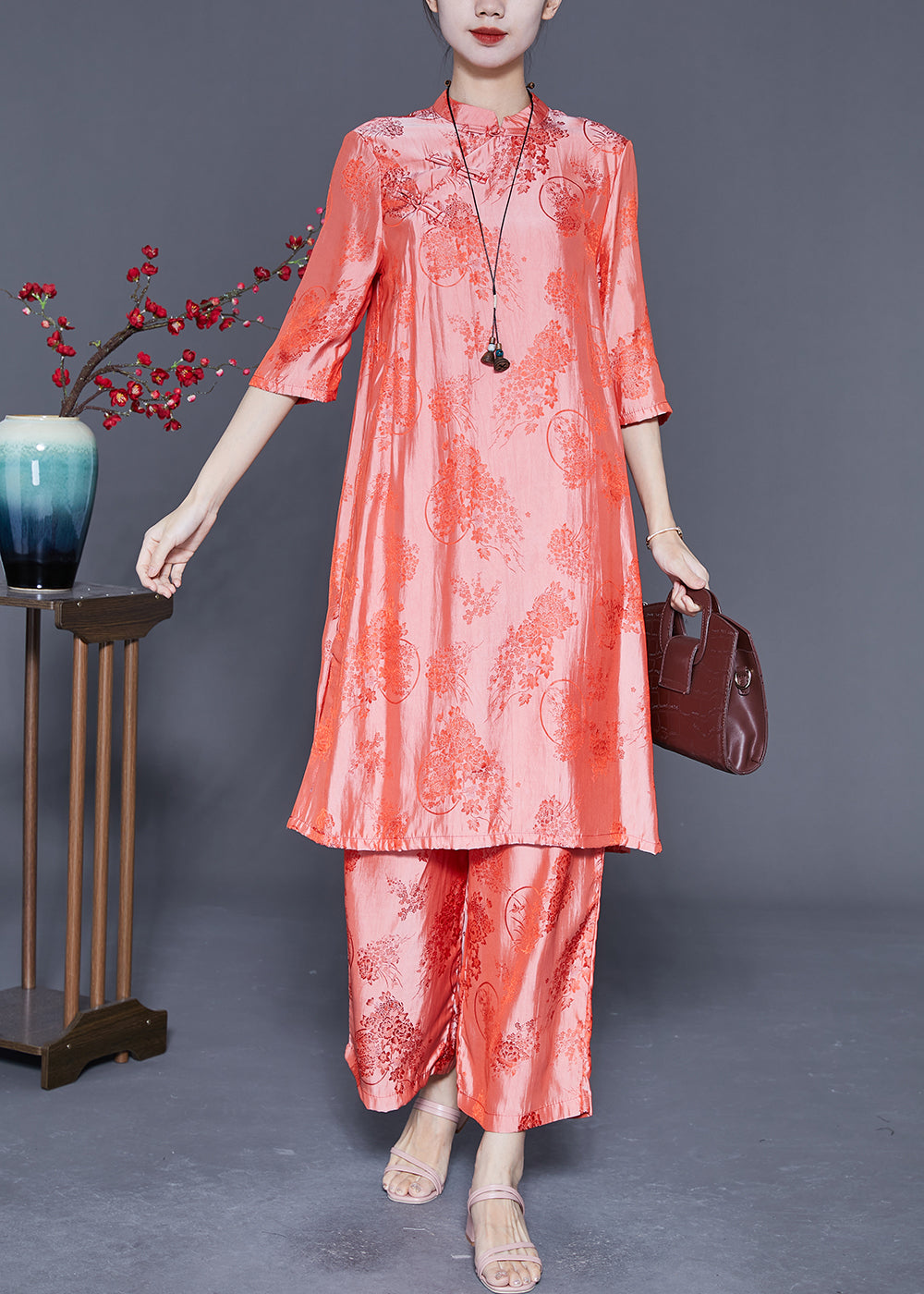 Retro Pink Jacquard Silk Dress and Pant Two Piece Suit Set Summer