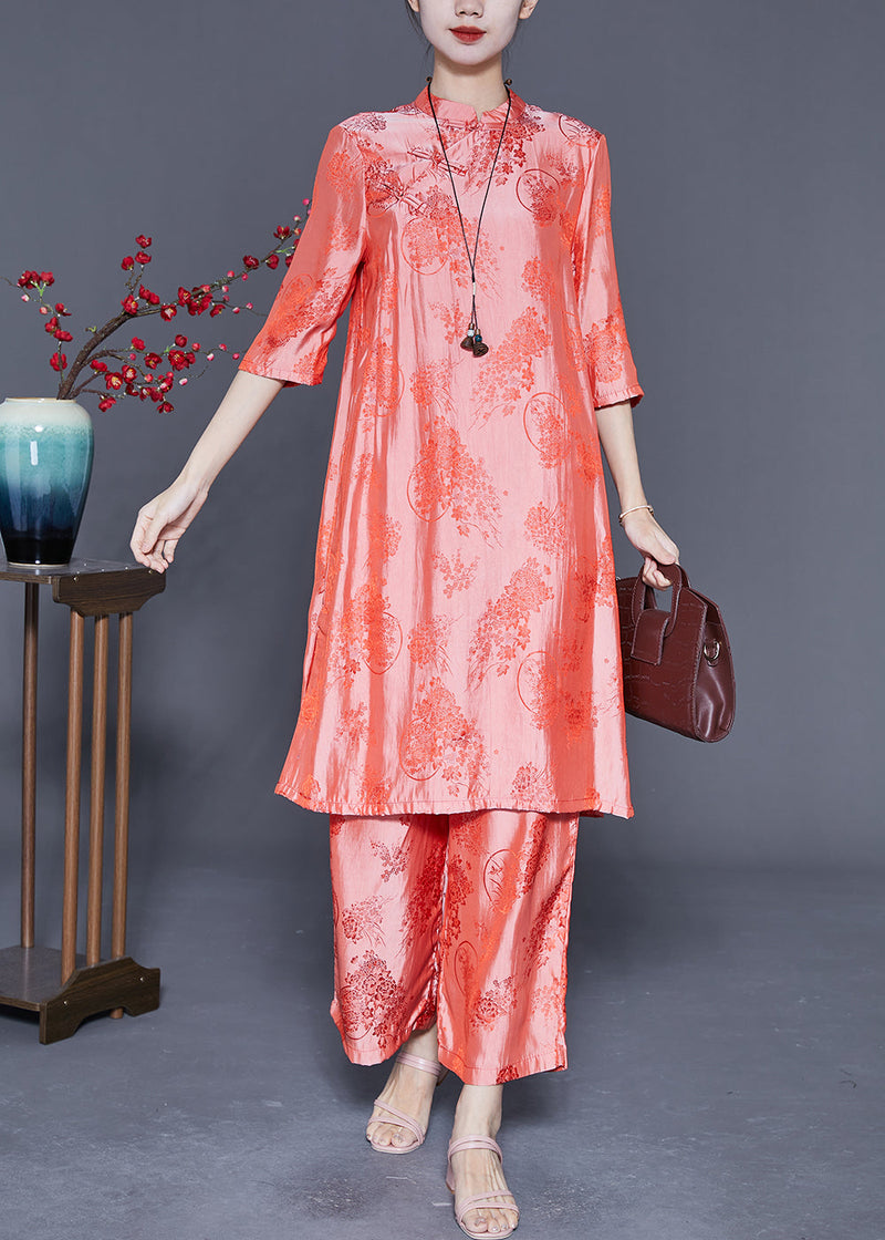 Retro Pink Jacquard Silk Dress and Pant Two Piece Suit Set Summer