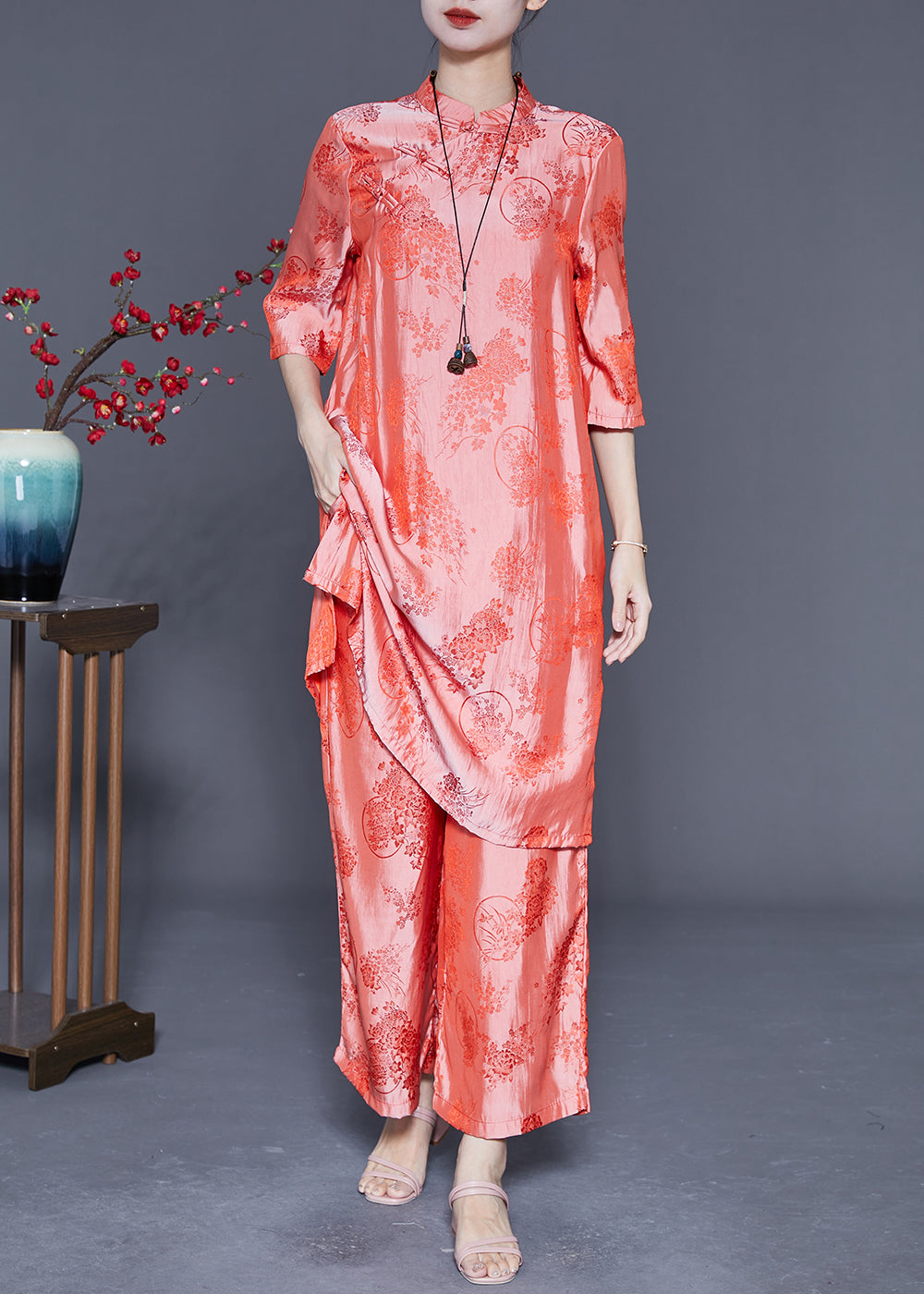 Retro Pink Jacquard Silk Dress and Pant Two Piece Suit Set Summer