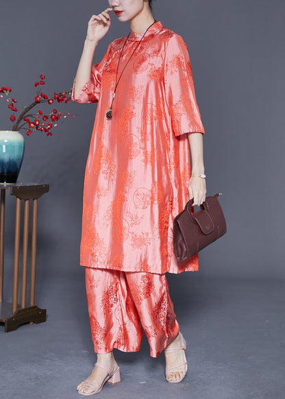 Retro Pink Jacquard Silk Dress and Pant Two Piece Suit Set Summer