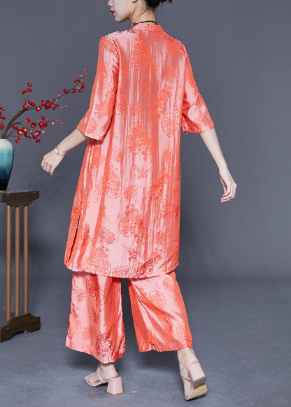 Retro Pink Jacquard Silk Dress and Pant Two Piece Suit Set Summer